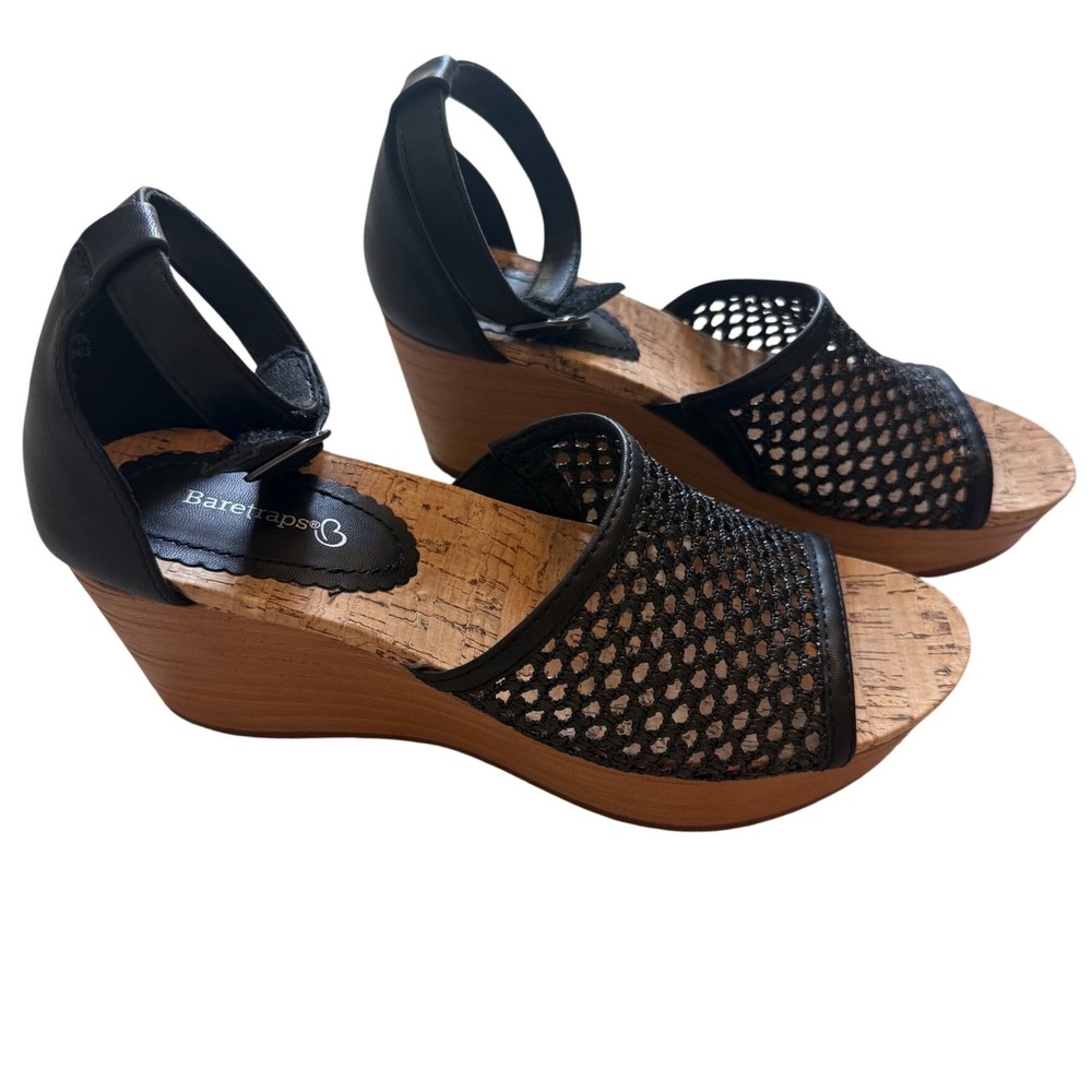 Women's BareTraps Wedge Sandals Size 8M Cork Black Platform Peep Toe